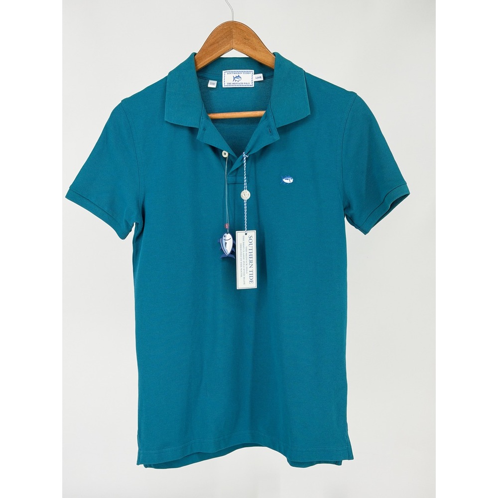 Southern Tide Skipjack Polo Boys YL 14-16 Teal Cotton Stretch NWT